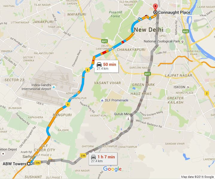 Google Maps routes Spinny office to Connaught Place